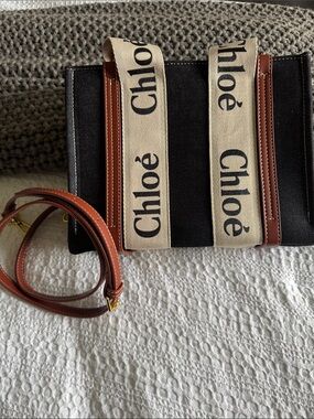 Black Canvas Tote with Logo Straps and Brown Faux Leather Trim